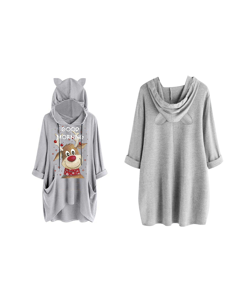 

Christmas Letter Moose Print Hooded Top, Gray