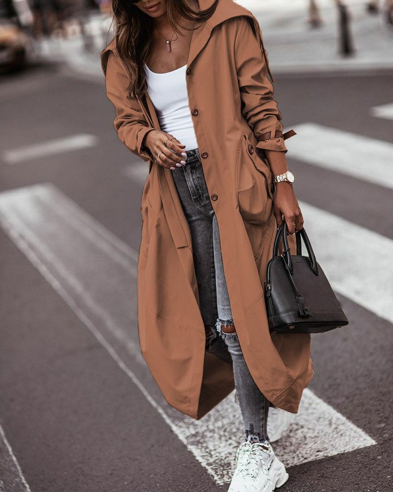 

Single Breasted Pocket Design Belted Hem Trench Coat Casual Plain Long Coat, Brown