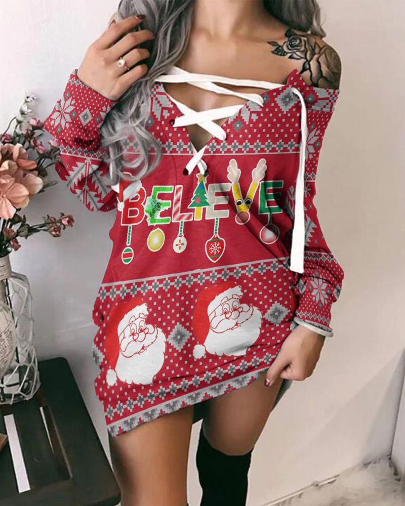 

Christmas Letter Santa Print Eyelet Lace-up Sweatshirt Dress, Red