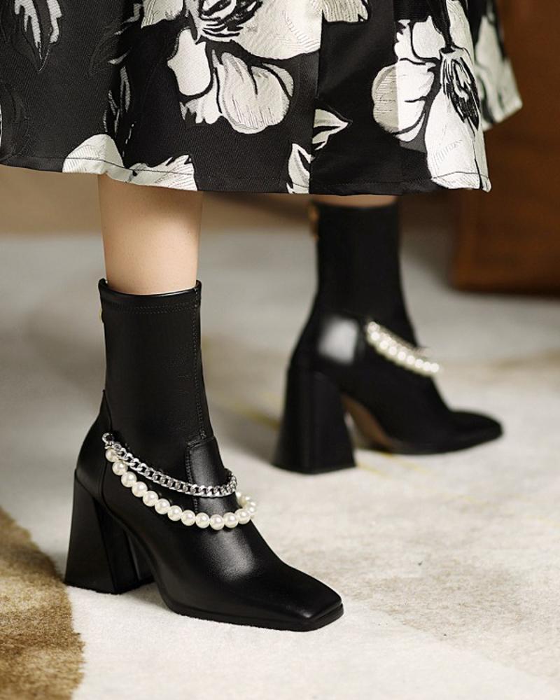 

Womens Faux Pearl Chain Decoration Square Toe High Heel Booties, Black