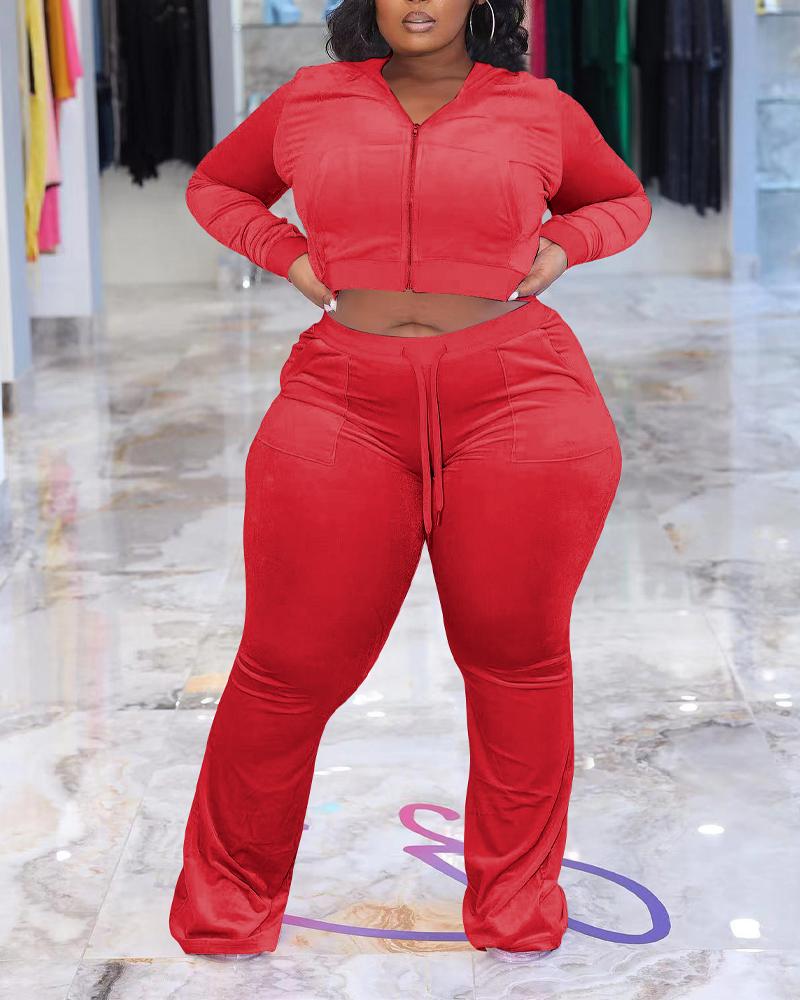 

Plus Size Velvet Hooded Zip Up Crop Top & Pants Set, Red