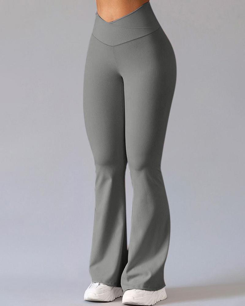 

Overlap Waist Flared Yoga Pants, Gray