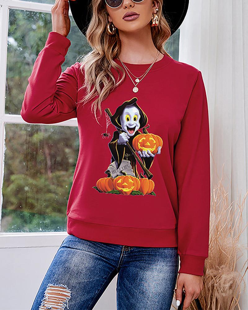 

Halloween Monster Pumpkin Print Long Sleeve Sweatshirt, Red