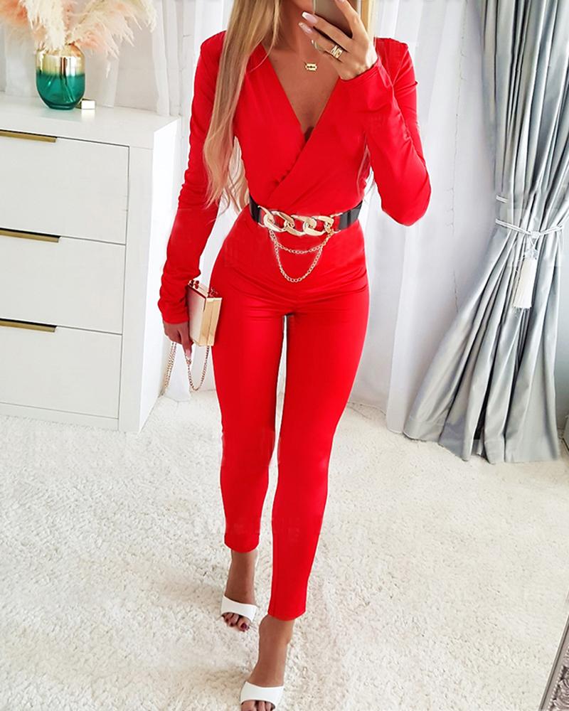 

Deep V-Neck Long Sleeve Jumpsuit, Red