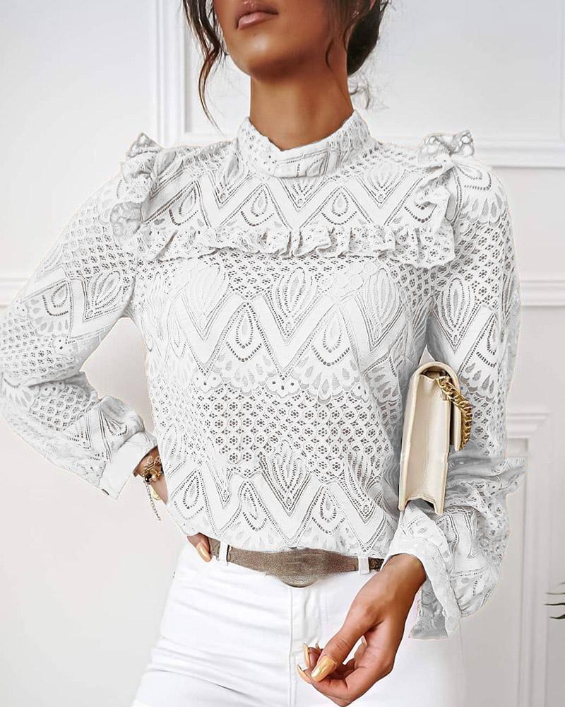 

Lace Frill Hem Hollow Out Long Sleeve Top, White