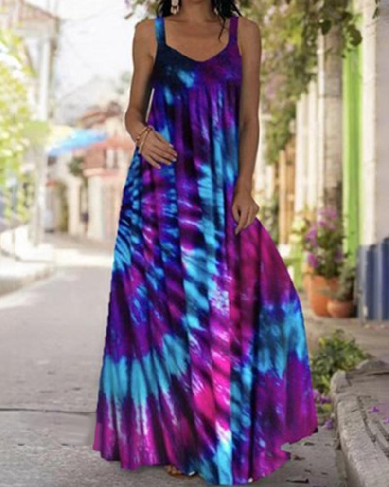 

Plus Size Tie Dye Print V-Neck Thick Strap Maxi Dress, Purple