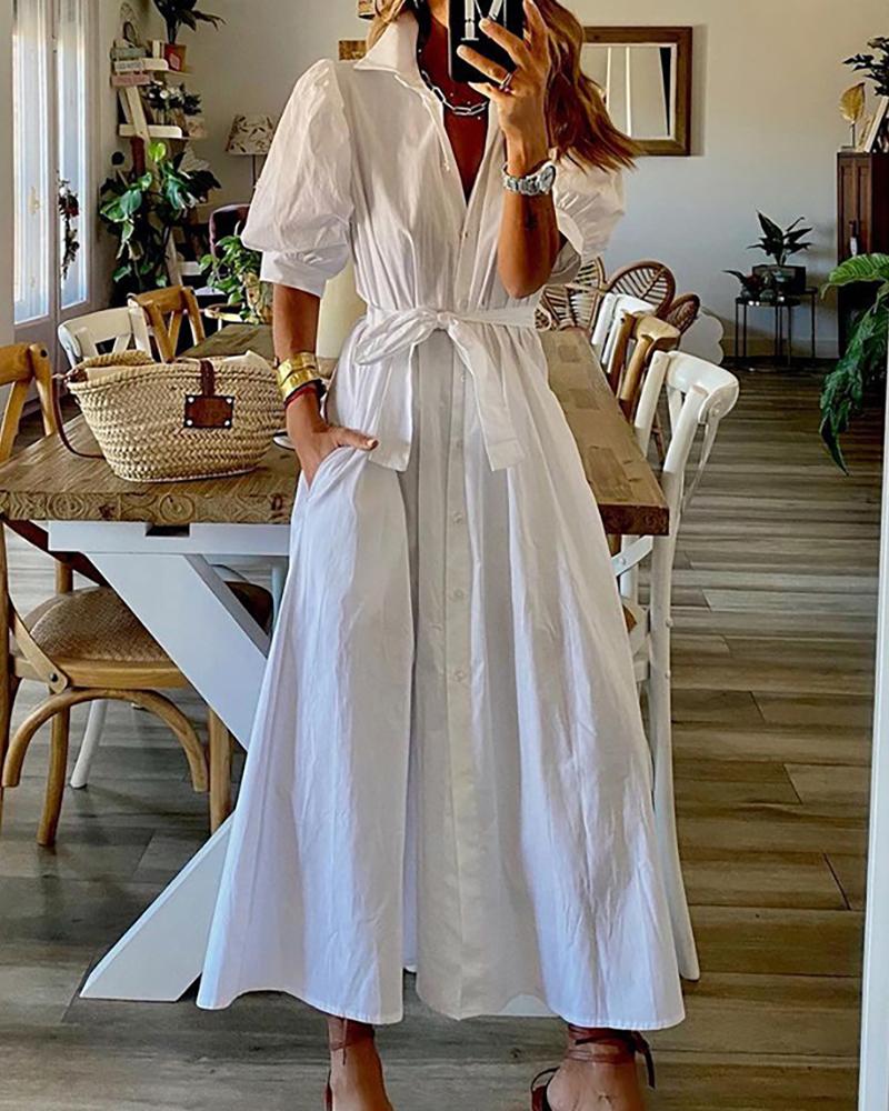 

Puff Sleeve Button Front Tied Detail Shirt Dress, White