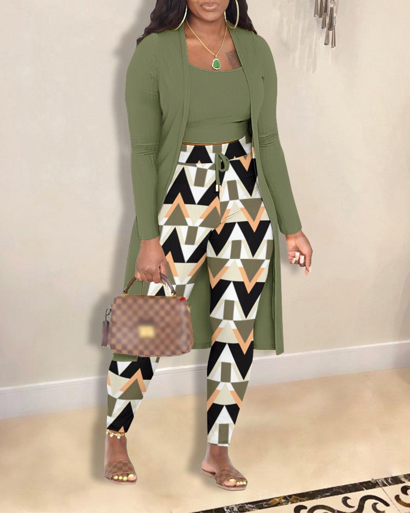 

3PCS Cami Top & Geometric Print Pants Set With Longline Coat, Green