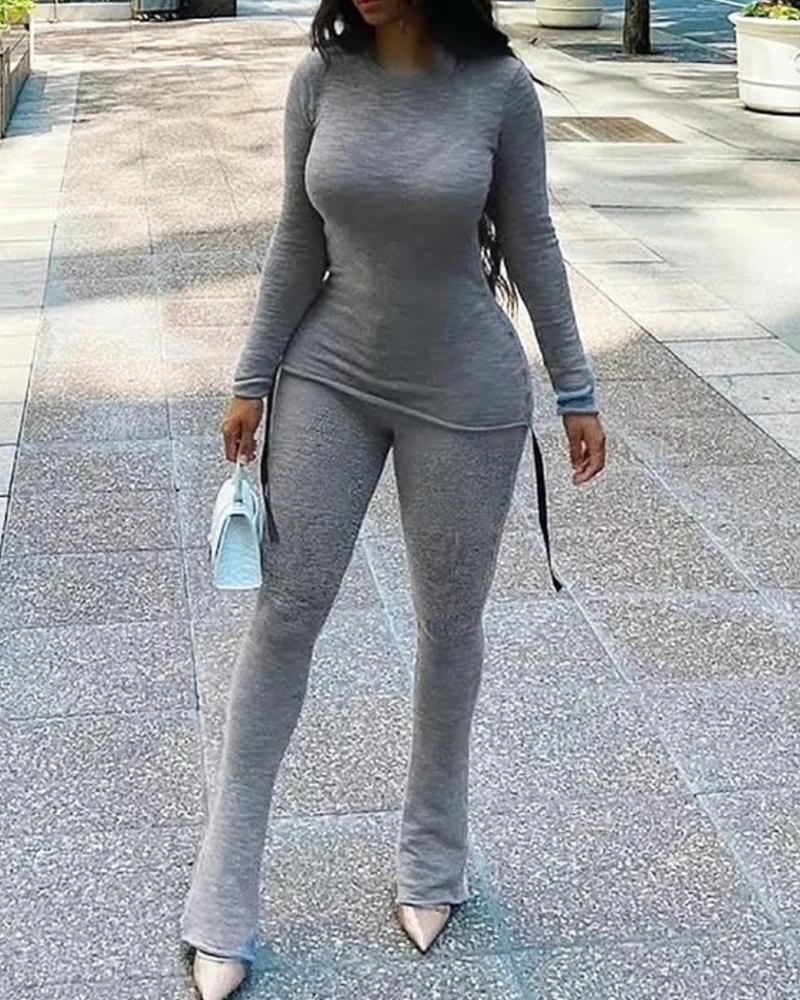 

Long Sleeve Round Neck Top & Bootcut Pants Set, Gray