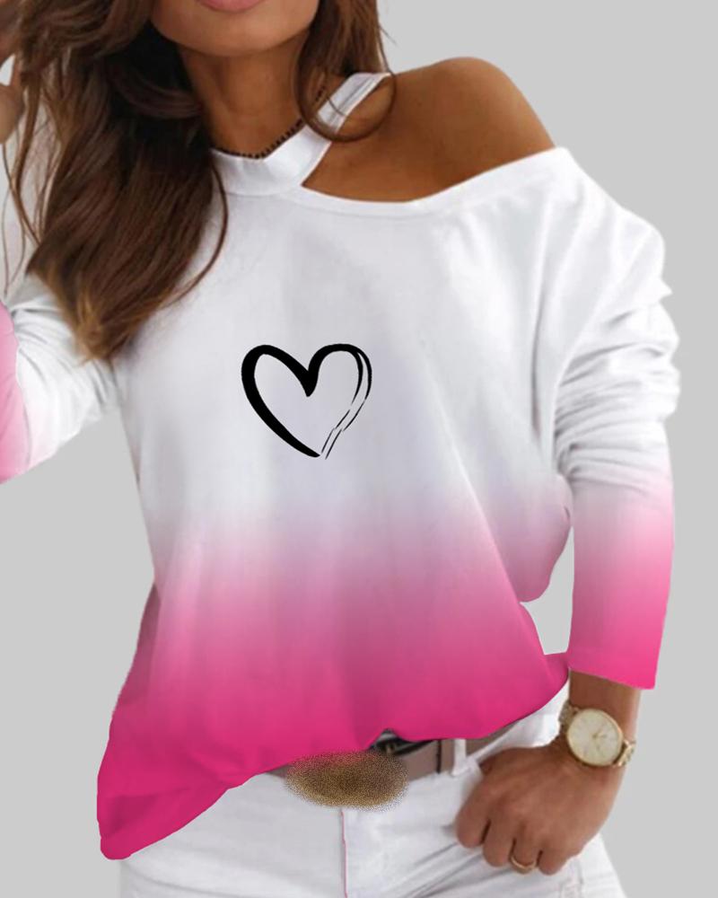 

Colorblock Heart Print One Shoulder Top, Hot pink