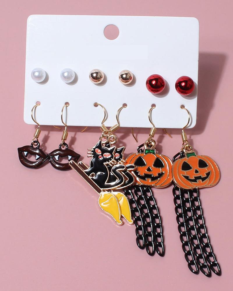 

6Pairs Halloween Pumpkin Witch Cat Lip Pattern Dangle Earrings Set, Style1