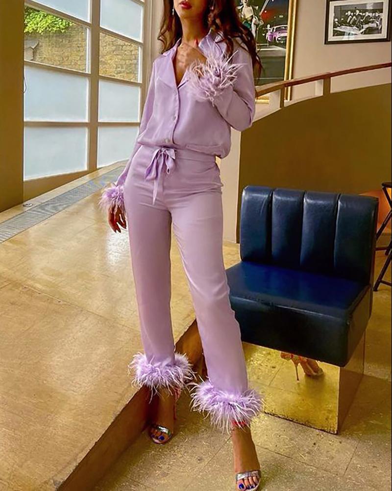 

Feather Decor Buttoned Satin Pajamas Set, Purple