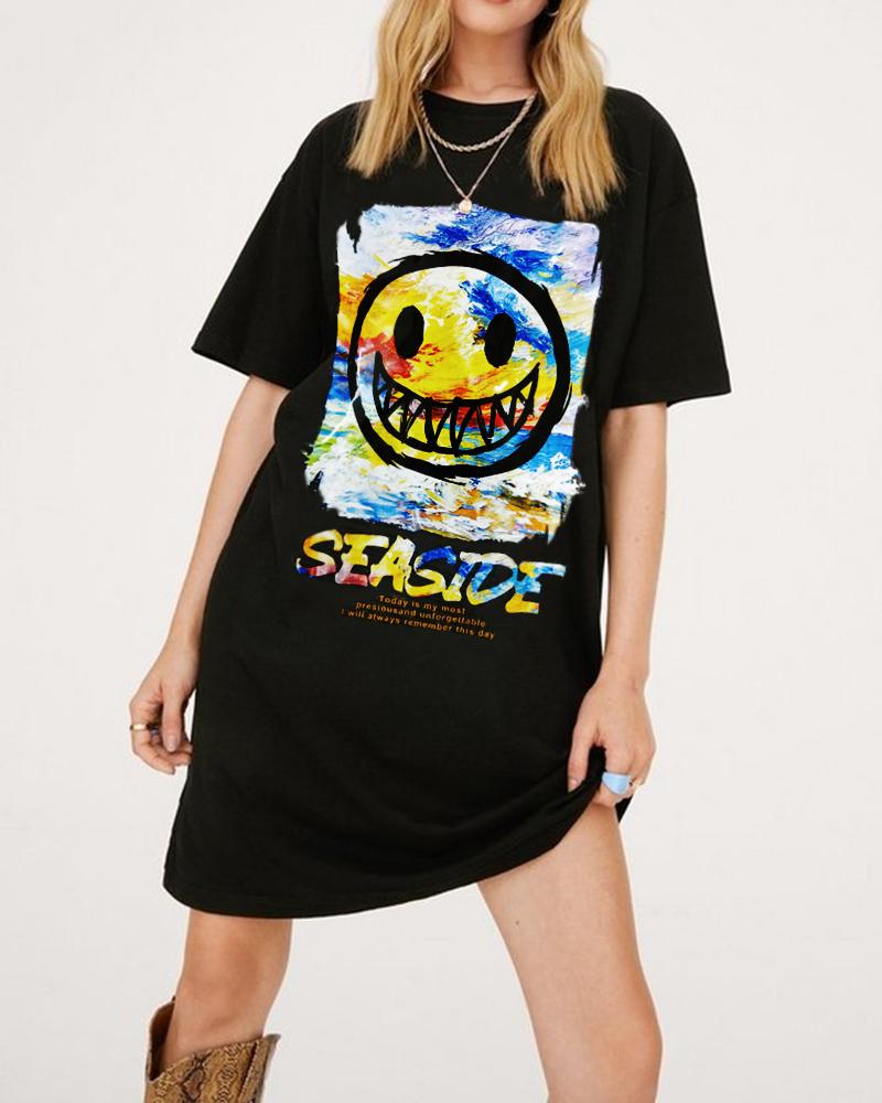 

Graphic Letter Print Half Sleeve Casual T-shirt Dress, Black
