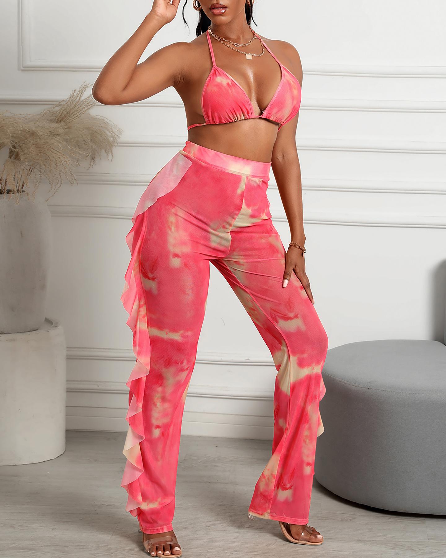 

Halter Backless Tie Dye Print Bikini Set With Cover Up Pants, Pink