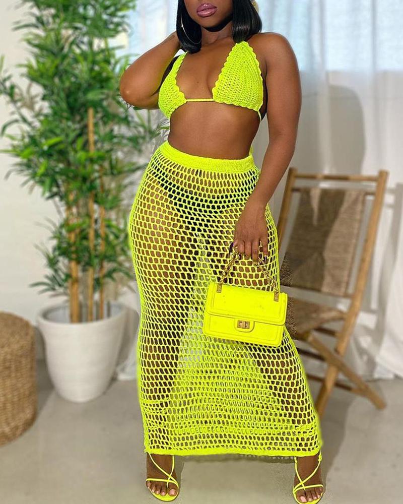 

Hollow Out Sleeveless Tied Detail Cover Up Set, Yellow