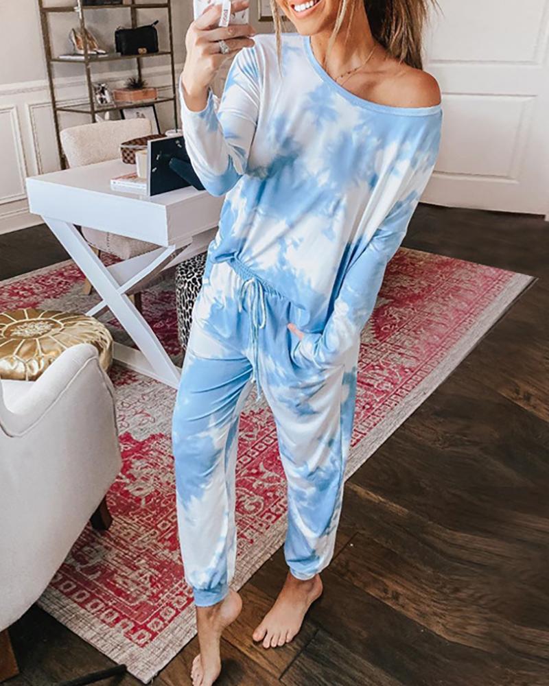 

Tie Dye Print Round Neck Pockets Top & Pants Set, Blue