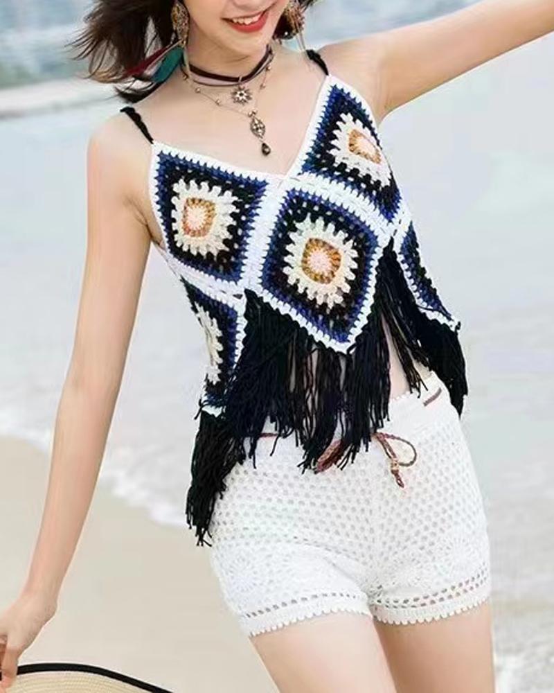 

Scarf Pattern Tassel Trim Hollow Out Crochet Cover Up Beach Top, Black
