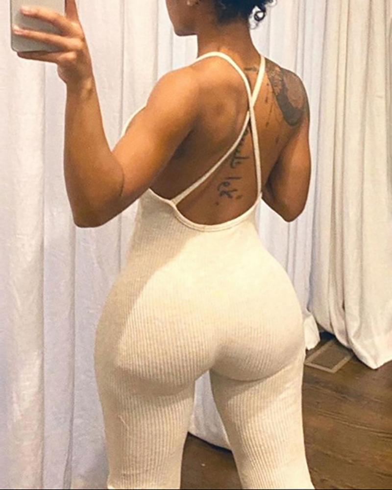 

Sleeveless Crisscross Backless Skinny Jumpsuit, Apricot