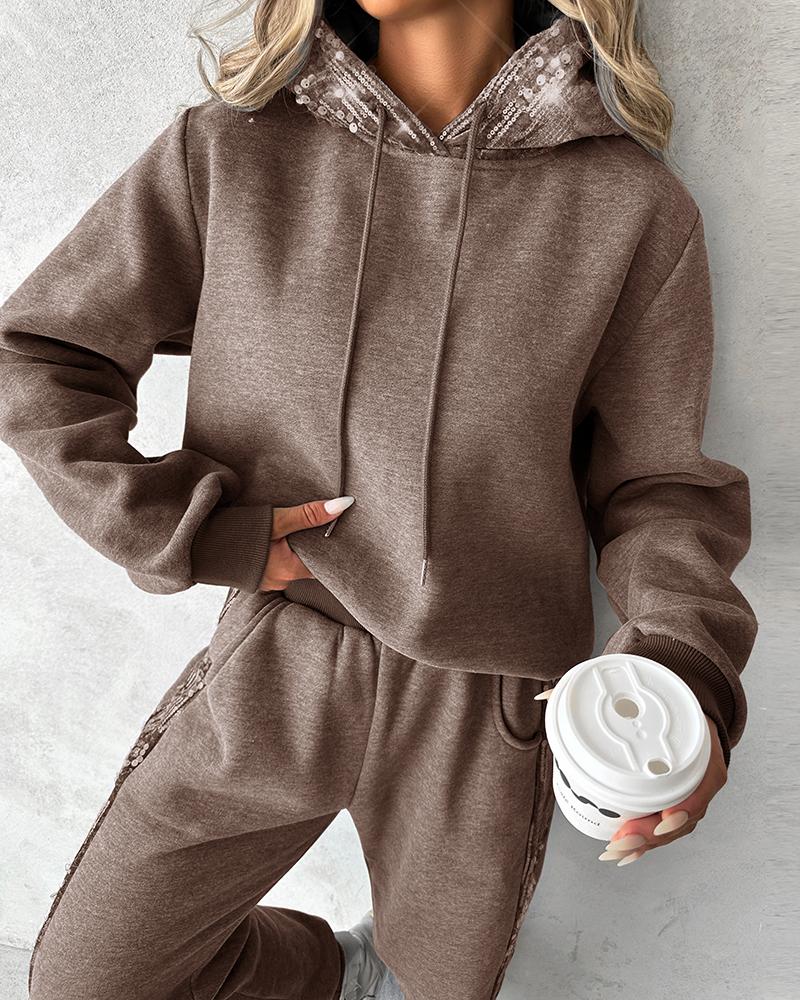 

Contrast Sequin Hooded Sweatshirt & Pocket Design Sweatpants Set, Khaki