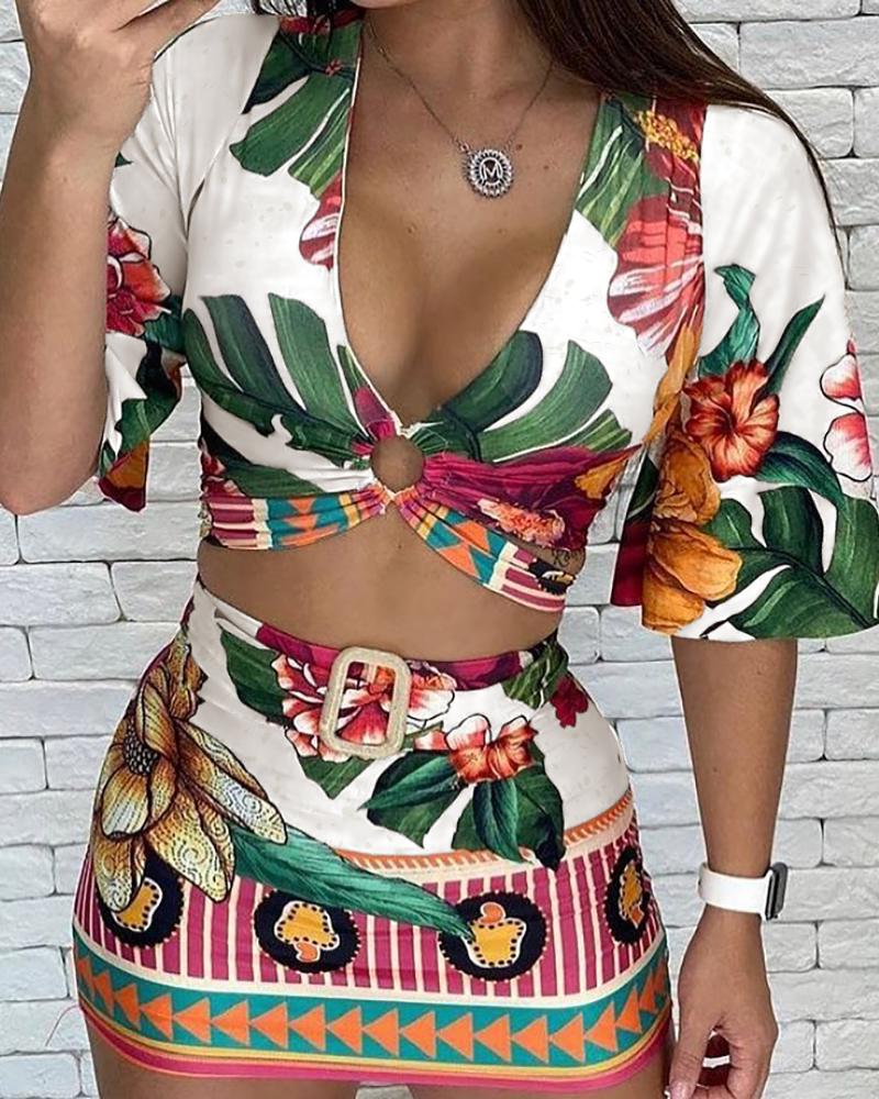 

Tropical Print Keyhole Design V Neck Top & Skirt Set, Multicolor