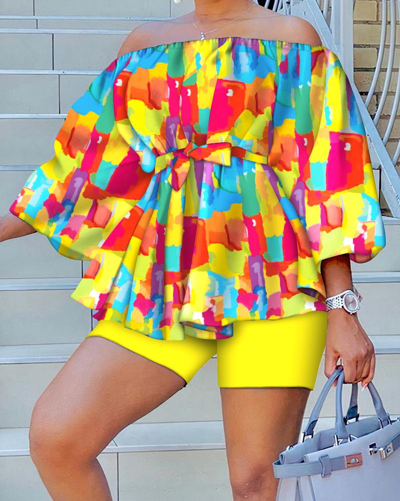 

Tie Dye Print Off Shoulder Belted Top & Shorts Set, Yellow