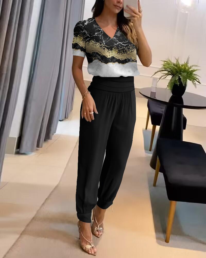 

Marble Print Top & High Waist Pants Set, Black