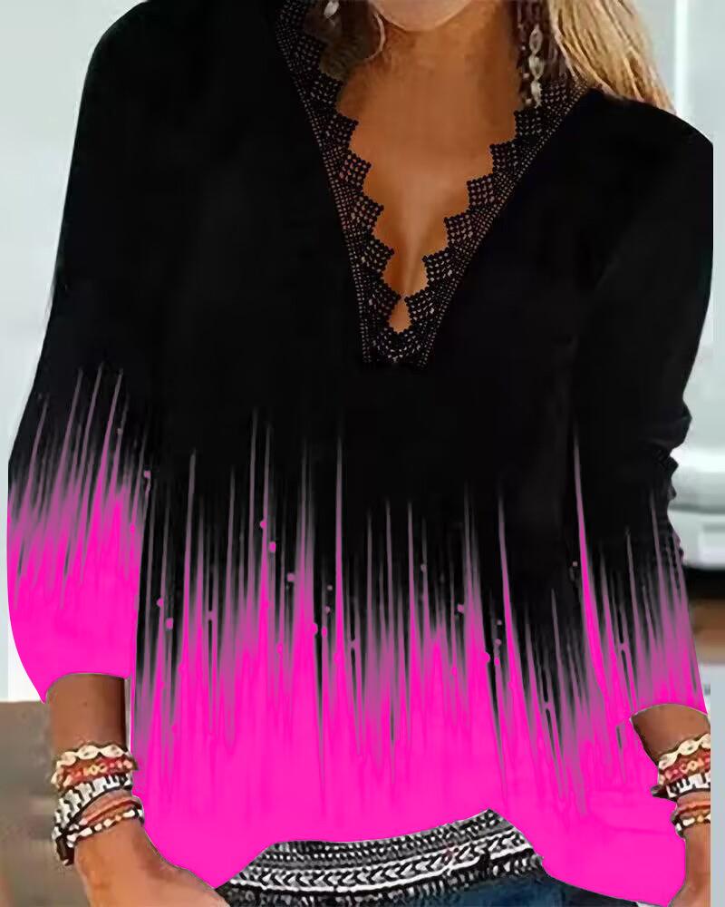 

Ombre Print Contrast Lace V-Neck Casual Top, Rose red
