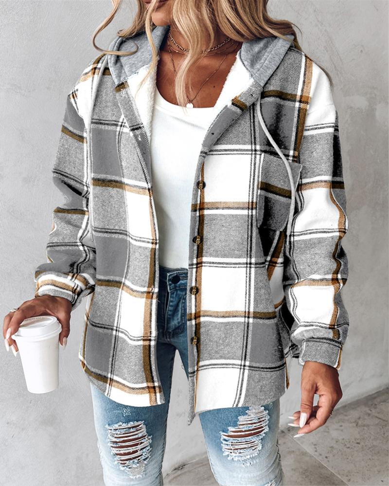

Jaqueta com capuz plus size, estampa xadrez, botões frontais, forro térmico, cordão, design casual de bolso, ombro caído, Gray