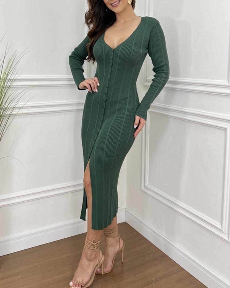 

Deep V-Neck Buttoned Knit Bodycon Dress, Dark green
