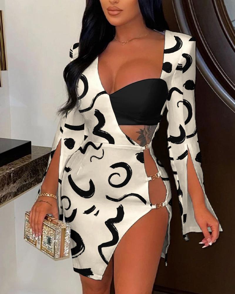 

Abstract Print Asymmetrical Neck High Slit Party Dress, Apricot