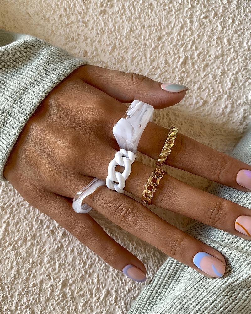 

5PCS Asymmetrical Geo & Link Shaped Rings Set, White&gold