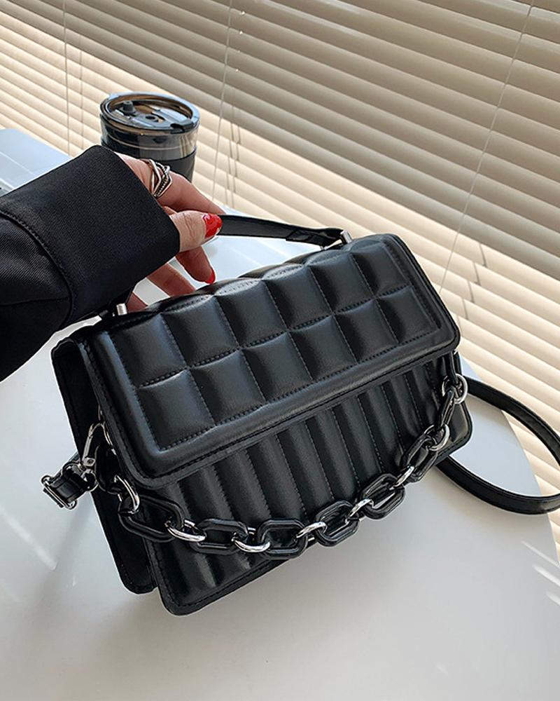 

Quilted Chain Decor Flap Shoulder Bag, Black