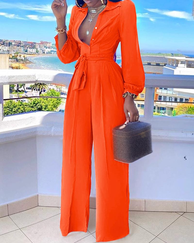 

Long Sleeve Buttoned Tied Detail Jumpsuit, Orange