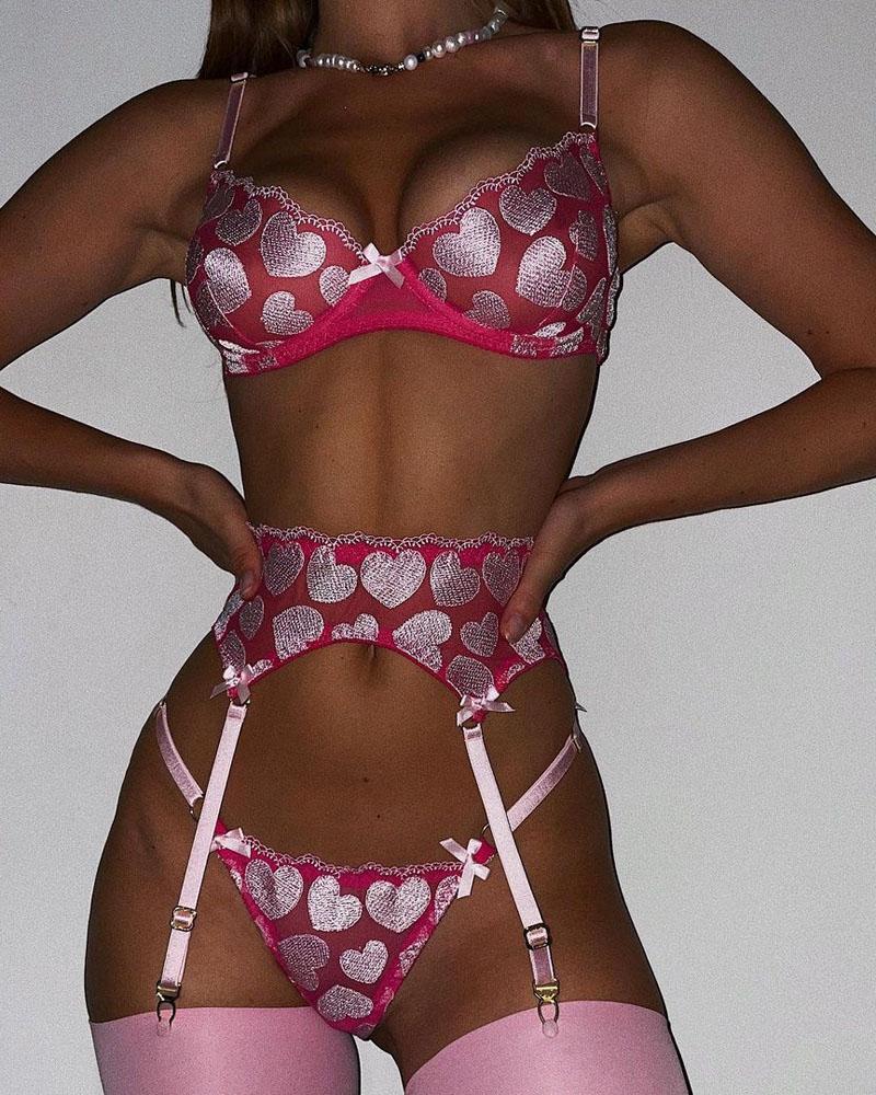 

Embroidery Heart Lace Garter Lingerie Set, Hot pink