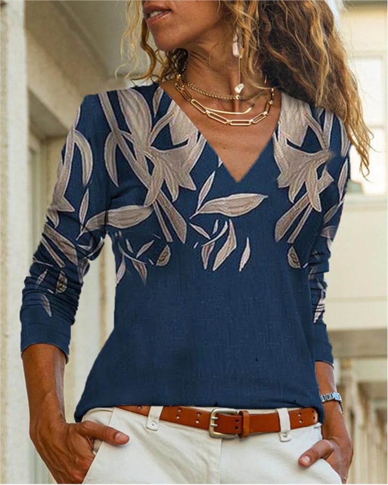 

Plants Print V-Neck Long Sleeve Top, Blue