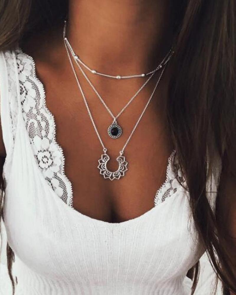 

Tiered Sunflower Pattern Beaded Pendant Necklace, Silver