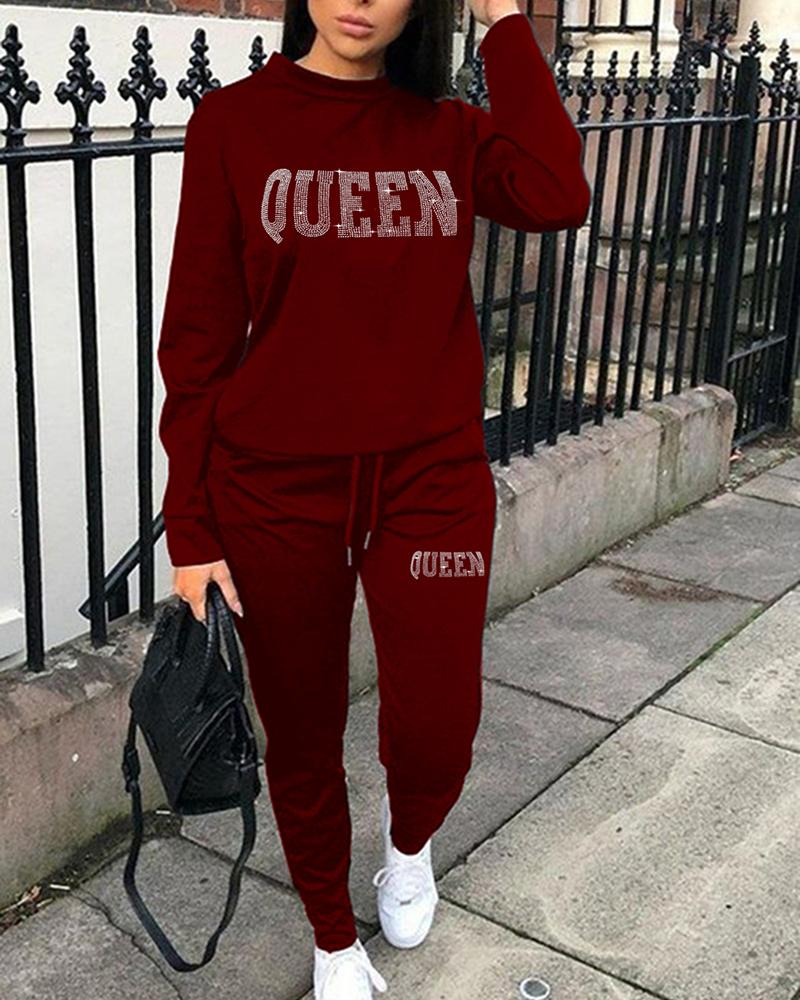 

Rhinestone Letter Pattern Sweatshirt & Drawstring Pants Set, Wine red