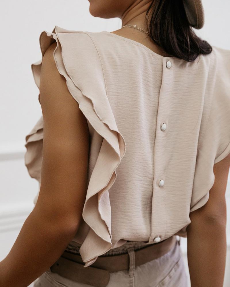 

Ruffle Sleeve Button Back O-neck Top, Apricot