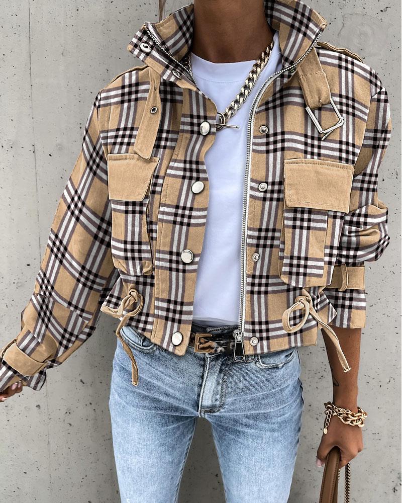 

Plaid Print Long Sleeve Zip Up Biker Jacket, Khaki