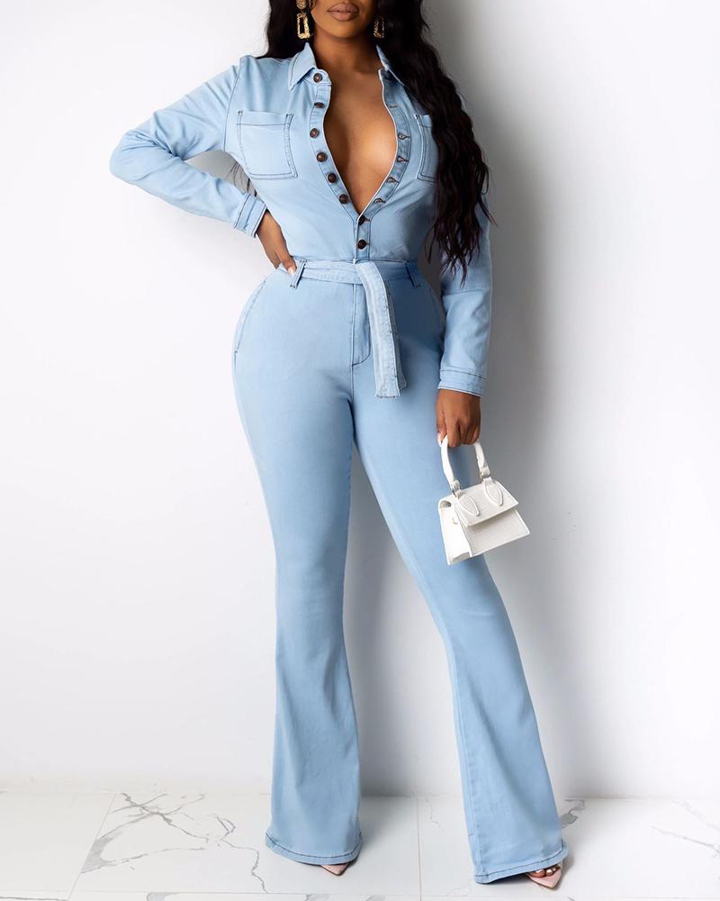 

Button Design Long Sleeve Denim Jumpsuit, Light blue