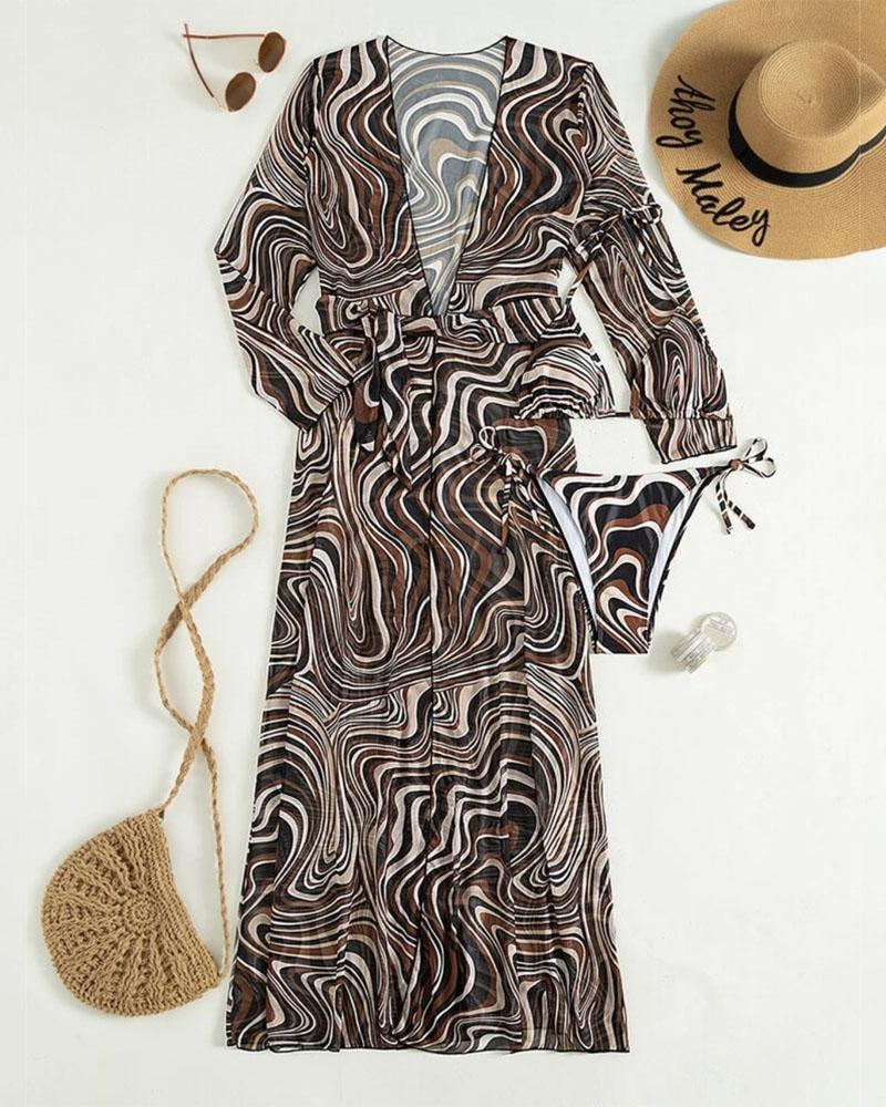 

3PCS Marble Print Halter Bikini Set With Cover Up, Coffee