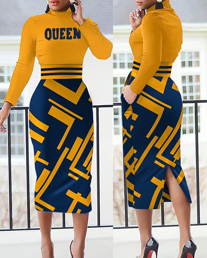 

Queen Geometric Print Striped Long Sleeve Slit Work Dress, Yellow
