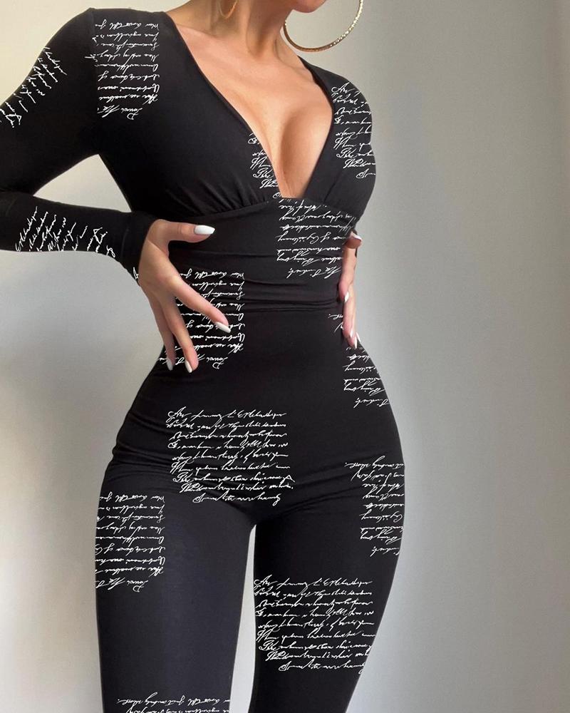 

Letter Print Plunge Long Sleeve Skinny Jumpsuit, Black