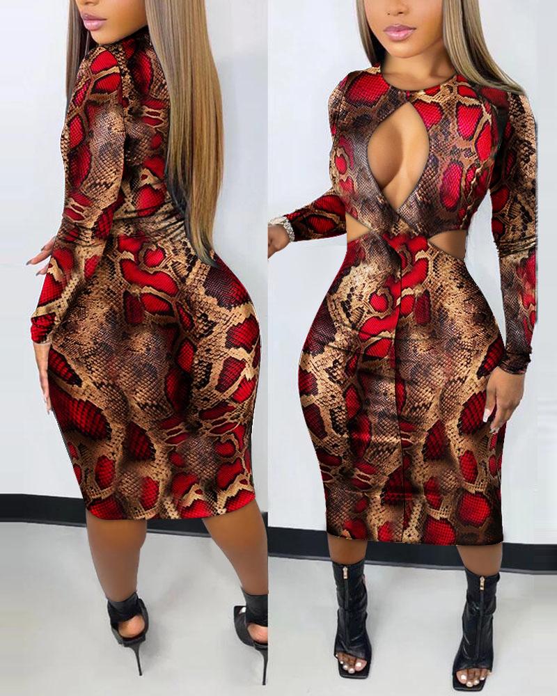 

Snakeskin Print Cutout Long Sleeve Bodycon Dress, Multicolor
