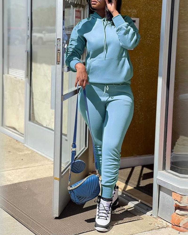 

Ruched Pocket Design Hooded Sweatshirt & Fold Pants Set, Blue