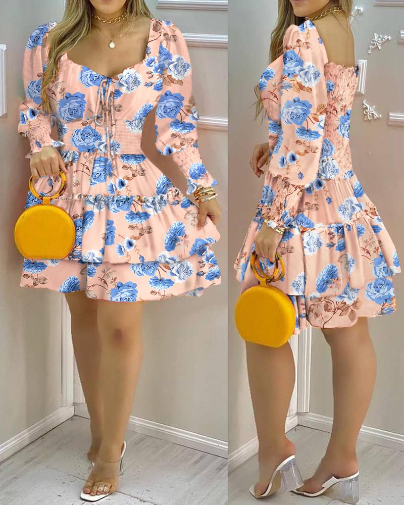 

Lantern Sleeve Shirred Layered Ruffles Floral Print Dress, Pink