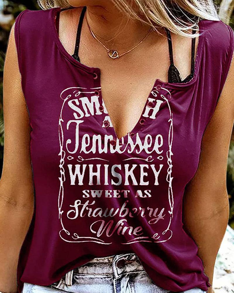 

Smooth As Tennessee Whiskey Sweet As Strawberry Wine Print Eyelet Decor Casual Tank Top, Purple