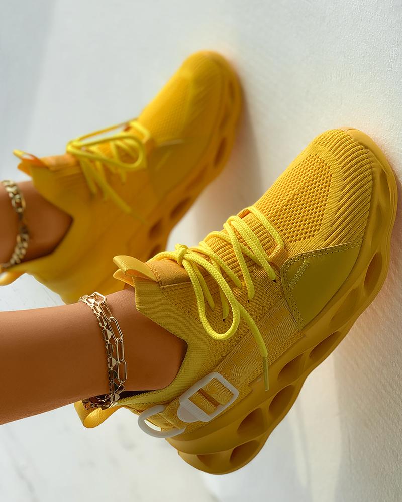 

Breathable Lace-up Letter Label Muffin Sneakers, Yellow