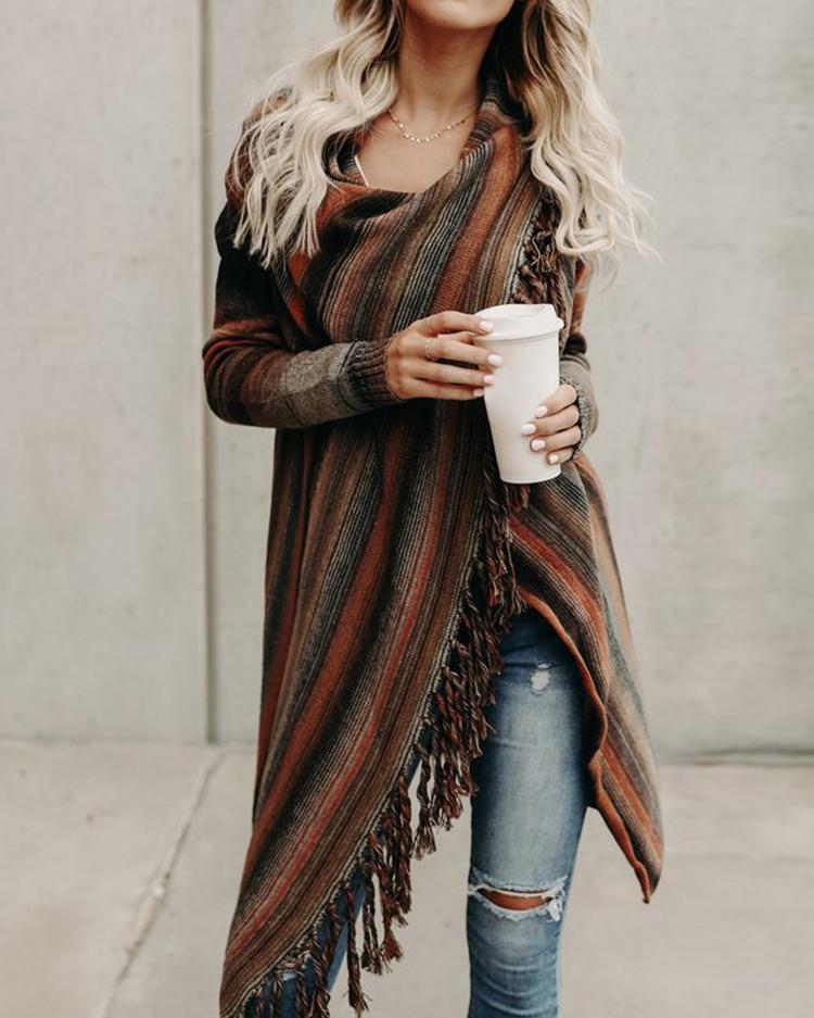 

Asymmetric Pinstripes Tassel Sweater Cardigans - Orange