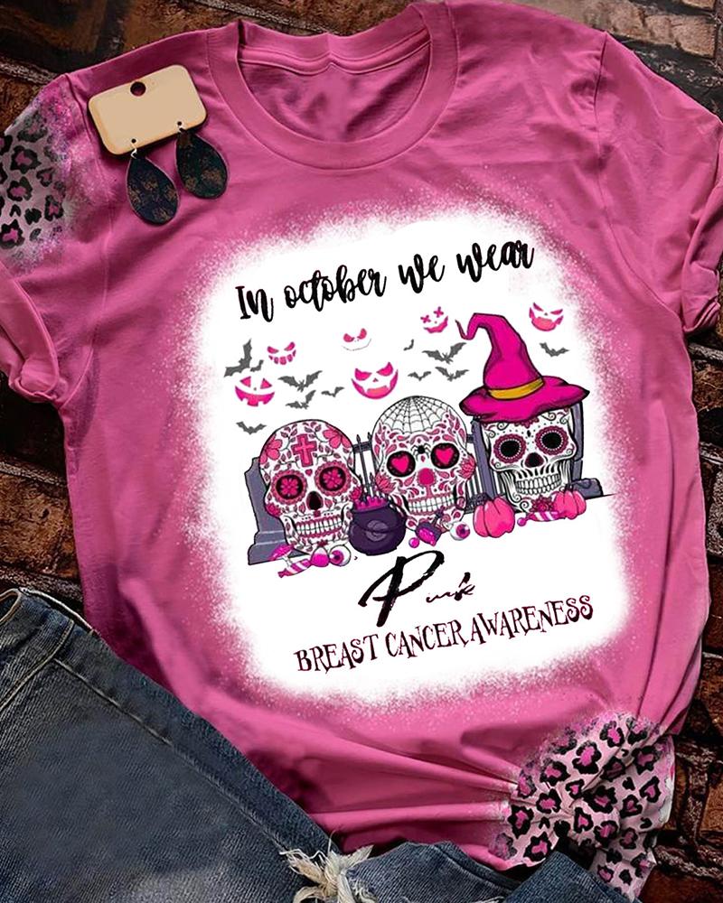 

Halloween Skull Head Slogan Print Bleached T-Shirt, Pink